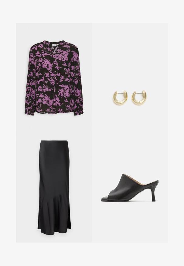 Saint Tropez AGNESS BLOUSE - Bluse - black; Sort satin midi-skirt med et elegant design, der har en let flared kant og en sideslids for nem bevægelse. Glat tekstur.; Selected ASHLEY - Mules med hæl - black; Guld-tone hoop øreringe med en glat, poleret overflade. Har en halvcirkelform og en sikker stiftlukning.