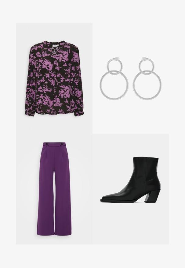 Saint Tropez AGNESS BLOUSE - Bluse - black; Vibbrante purple bredde ben bukser lavet af glat stof, med en skræddersyet talje, der har to sorte knapper og frontfolder.; Sortlæder ankelstøvle med spids tå, en slank silhuet og en kraftig firkantet hæl. Glat tekstur med minimale stikninger.; Sølv metal øreringe med to sammenflettede cirkler, en større og en mindre, med børstet finish og push-back låse.