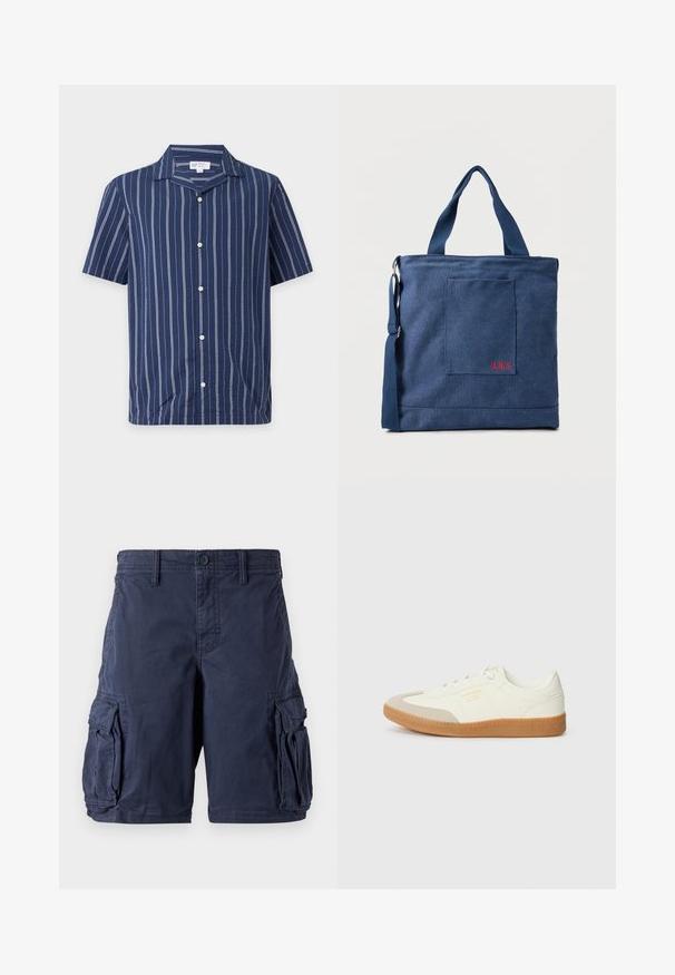 Marineblå kortærmet skjorte med knapper, hvide lodrette striber og spread-krave.; Mørkeblå cargo shorts lavet af bomuld. Har flere sidelommer, knappelukning og en afslappet pasform. Glat tekstur og holdbart design.; Sneaker lavet af hvid læder med en beige tåhætte og let brunt gummisål. Har flade hvide snørebånd og prægede branding på siden.; Blå lærredstote taske med frontlomme og rød "O.N.S" broderi, med to håndtag og en justerbar skulderrem.