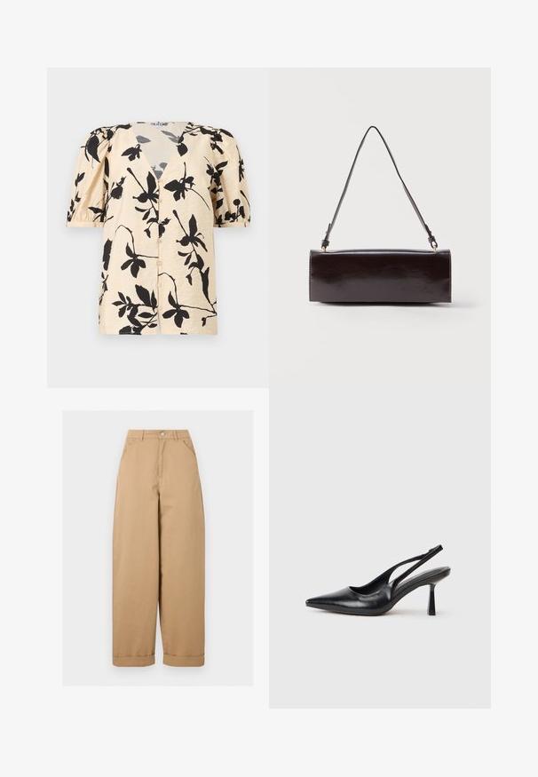 Blouse beige à manches courtes avec imprimé floral noir, encolure en V, manches bouffantes et fermeture à boutons sur le devant.; Pantalon beige taille haute à jambes larges avec poches avant, passants de ceinture, fermeture par boutons et ourlets retroussés.; Chaussure à talon haut en cuir noir, à bride arrière, avec un bout pointu et un talon fin sur fond blanc.; Sac à main rectangulaire en cuir noir avec une longue bandoulière unique et une finition brillante, présenté sur un fond blanc uni.