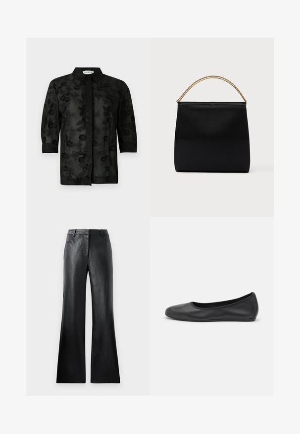 Chemise noire avec broderies florales, manches longues et col. Tissu transparent avec une finition texturée et des détails complexes.; Pantalon évasé en cuir noir avec une texture lisse, comportant deux poches avant avec des accents noirs et marron près de la taille.; Ballerines en cuir noir avec un bout rond, texture lisse, détails de couture minimalistes et design de semelle flexible.; Sac noir en tissu lisse, présentant une forme structurée, une poignée en chaîne dorée et un design géométrique minimaliste.