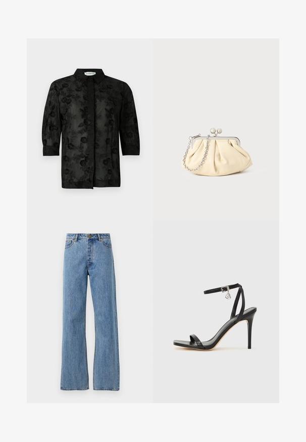 Zwarte shirt met bloemen borduursel, lange mouwen en een kraag. Doorzichtig materiaal met een gestructureerde afwerking en verfijnde details.; Lichtblauwe hoge taille straight-leg jeans met een voorknoop, rits en vijf-pocket ontwerp op een effen witte achtergrond.; Zwarte sandaal met hoge hak, smalle enkelband, vierkante neus, soepel leermateriaal en metalen gespsluiting.; Geplooide beige leren clutch met een zilveren metalen frame, voorzien van twee ronde decoratieve sluitingen en een zilveren kettingriem.