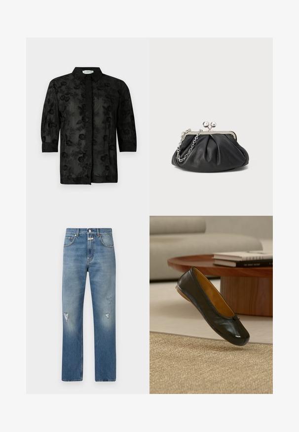 Zwarte shirt met bloemen borduursel, lange mouwen en een kraag. Doorzichtig materiaal met een gestructureerde afwerking en verfijnde details.; Lichtblauwe denim jeans met een losse fit, voorzien van versleten patches en een rits. Klassiek vijf-pocket ontwerp en rechte pijpen.; Zwarte leren ballerina platte schoen met klein strikdetail, zwevend boven een geweven beige tapijt in een woonkamer met een houten salontafel en boeken.; Zwarte leren clutch met geplooide textuur, zilverkleurig metalen frame, drukknopsluiting en kettingriem. Glad, zacht oppervlak.