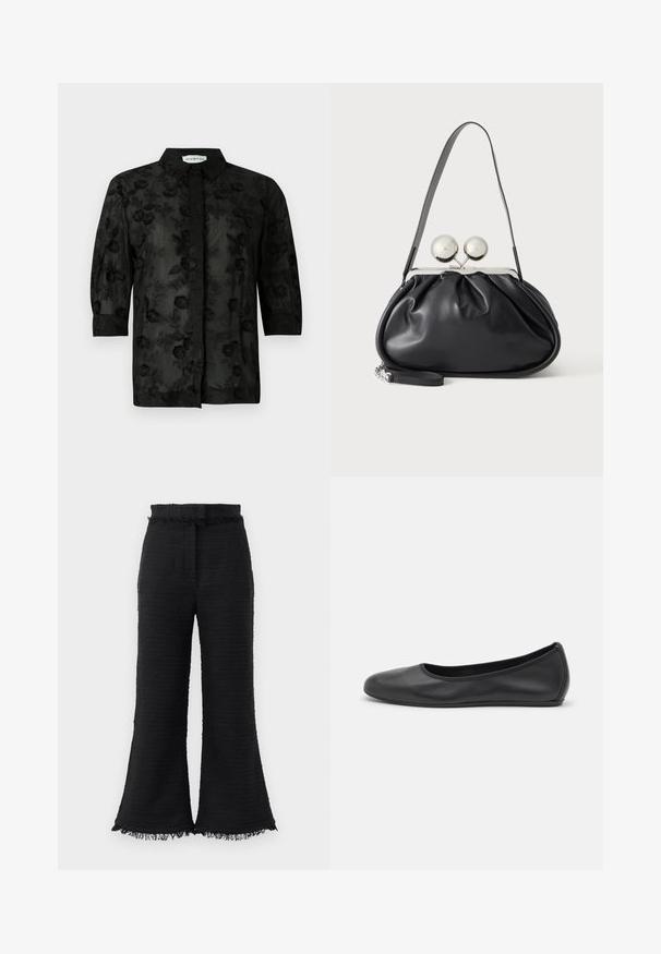 Camisa negra con bordado floral, de manga larga y cuello tipo polo. Tela transparente con un acabado texturizado y detalles intrincados.; Pantalones de pierna ancha negros con tela texturizada, dobladillo deshilachado y cinturilla elástica. El diseño presenta un acabado suave y un ajuste relajado.; Bailarina de piel negra con punta redondeada, textura suave, detalle de costura minimalista y diseño de suela flexible.; Bolso de mano de cuero negro con diseño fruncido, una sola correa, marco metálico plateado y dos cierres grandes redondos de plata.