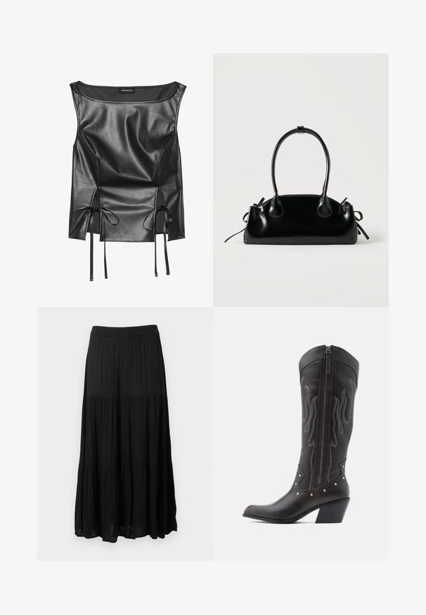 Haut en simili cuir noir avec encolure dégagée, texture froncée, fentes latérales avec liens en satin et silhouette ajustée.; Jupe longue noire à volants avec une ceinture élastique et une texture de tissu légèrement froissée, suspendue sur un fond blanc.; Bottes de cowboy en cuir marron avec surpiqûres en forme de flammes, fermeture éclair latérale, clous argentés, bout pointu et talon superposé.; Petit sac à main noir brillant avec deux longues anses et des détails à cordon sur les côtés sur un fond clair uni.