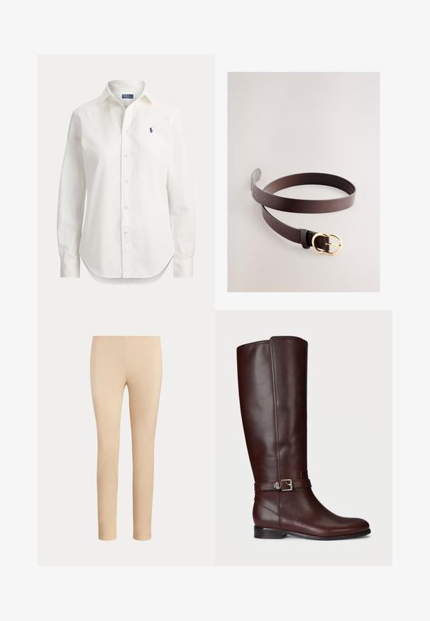 Witte blouse met lange mouwen, knopen, kraag en klein blauw logo van een polospeler op de linkerborst.; Beige slim-fit enkellange broek met een gladde afwerking en zonder zichtbare zakken of versieringen op een effen achtergrond.; Bruine leren kniehoog laars met een gladde textuur, zilverkleurige gesp als accent en een lage, gestapelde hak. Bevat subtiele stikdetails.; Bruine leren riem met een gladde textuur, voorzien van een gouden gesp met dubbele lus. Verstelbaar met meerdere gaatjes voor maatvoering.