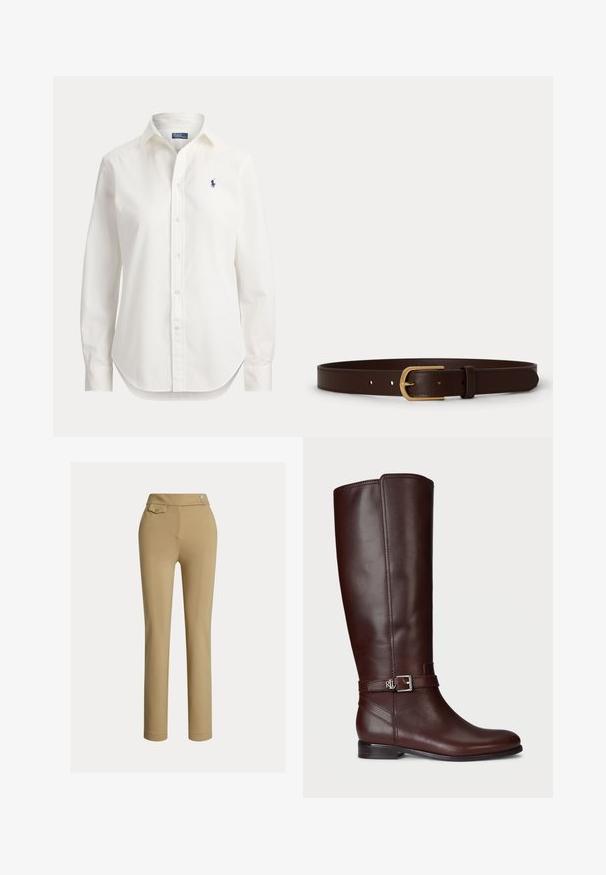 Hvid langærmet skjorte med knapper, krave og lille blåt logo af en polospiller på venstre bryst.; Beige slim-fit kvindebukser med høj talje, to knapper i siden og en lille lomme med knap nær taljebåndet.; Brune læderknæ-høje støvler med en glat overflade, sølvfarvet spændeaccent og en lav stabelhæle. Har diskret syninger.; Brunt læderbælte med guldfarvet metalspænde og syede kanter, lagt fladt på en hvid baggrund.