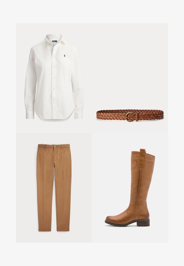 Hvid langærmet skjorte med knapper, krave og lille blåt logo af en polospiller på venstre bryst.; Brune bomuldsbukser med slim-fit design, flad front og standard lommer; glat tekstur og opkradset afslutninger.; Anna Field by Zalando LEATHER - Høje støvler/ Støvler - cognac; Brunt vævet læderbælte med en rund guldfarvet metalspænde på hvid baggrund.