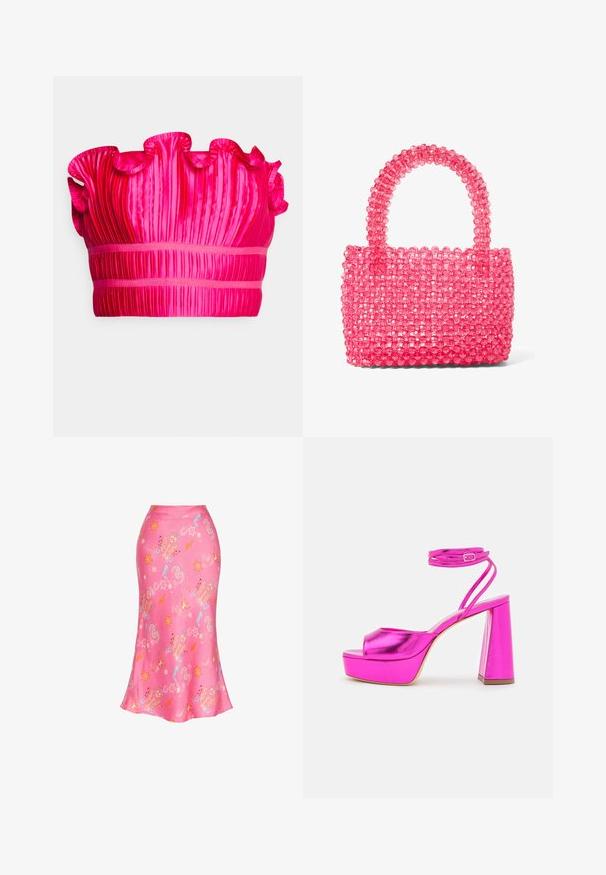AMUR ORIEL - Top - dahlia pink; Pink satin skirt with colorful abstract patterns including stars, hearts, and shapes, fitted at the waist and flaring slightly at the hem.; Bettina Vermillon JANET - High heeled sandals - fuxsia; Small bright pink handbag made from translucent round beads with a sturdy beaded handle.