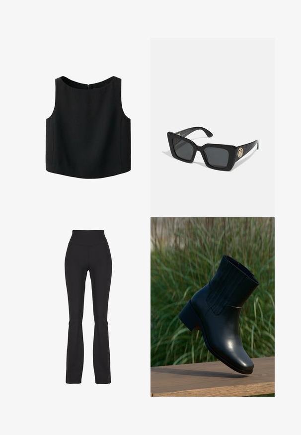 Sort ærmeløs top med rund halsudskæring og glat stoftekstur. Har en diskret lynlås bagpå og en lige nederkant.; Sorte flared leggings lavet af strækbart stof, med en høj talje og glat tekstur, designet til komfort og bevægelighed.; Sort læder ankelstøvle med rundet tå og en moderat hæl. Har lodrette syninger på siden, glat tekstur og en slank silhuet.; Sorte firkantede solbriller med mørke linser og skinnende sorte arme. Har et guldfarvet rundt hardware-indsats på siden. Glat overflade generelt.