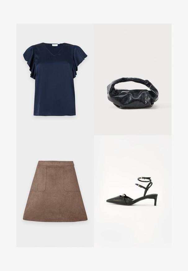 Blusa de satén azul marino con escote en V y mangas con vuelo, mostrada sobre un fondo gris claro.; Falda A-line de ante marrón con una textura suave, que presenta dos bolsillos frontales y una cinturilla sin costuras, diseñada para una longitud por encima de la rodilla.; Zapatos de tacón negro de cuero con tiras traseras, puntera afilada, correas delgadas en el tobillo, detalles en hardware dorado y un tacón delgado. Textura suave y diseño minimalista.; Bolso negro hecho de un material brillante y texturizado con un asa circular retorcida y un cierre de cremallera. Presenta un diseño suave y arrugado.