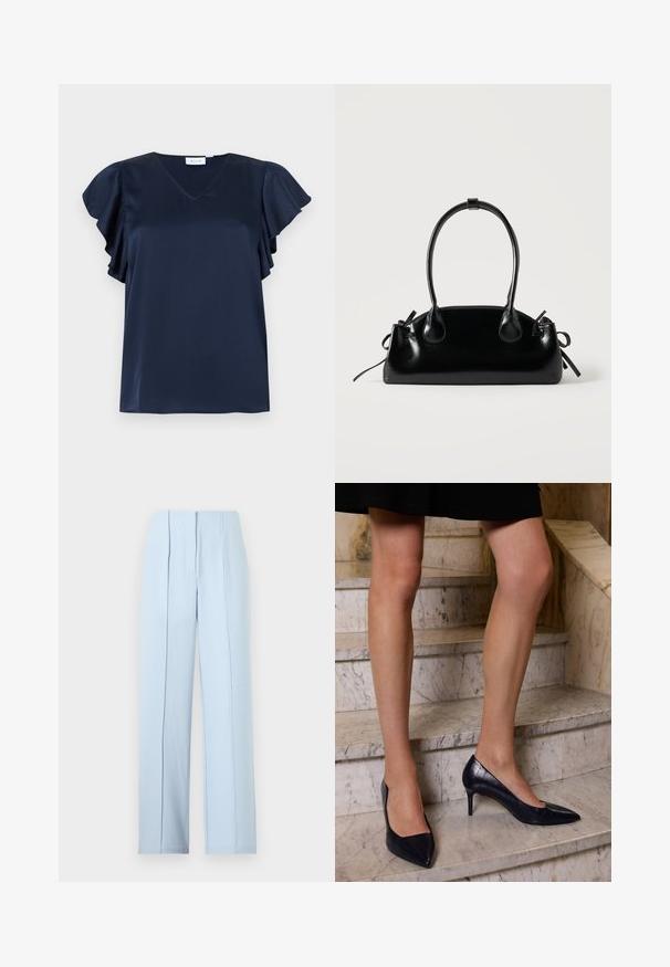 Marineblaue Satinbluse mit V-Ausschnitt und flatternden Ärmeln, dargestellt auf einem hellgrauen Hintergrund.; Hellblaue, hoch taillierte Hose mit weitem Bein, vorne mit Falten und verdecktem Reißverschluss, vor einfarbigem Hintergrund.; Marineblaue High-Heels mit spitzer Zehenform, die eine glatte und strukturierte Oberfläche aufweisen, die Wildleder ähnelt.; Kleine schwarze glänzende Handtasche mit zwei langen Griffen und seitlichen Kordelzug-Details vor einfachem hellem Hintergrund.