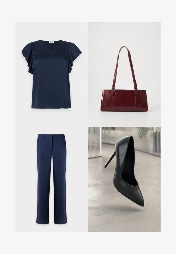 Blusa de satén azul marino con escote en V y mangas con vuelo, mostrada sobre un fondo gris claro.; Pantalones azul marino con pierna recta, trabillas para cinturón y cierre frontal oculto, mostrados sobre un fondo claro.; Zapato de tacón alto de cuero negro con punta afilada, diseño elegante y sin herrajes visibles. Textura suave y estilo minimalista.; Bolso burdeos hecho de material brillante, de forma rectangular, con dos asas para el hombro y sutiles acentos curvados en la parte frontal.