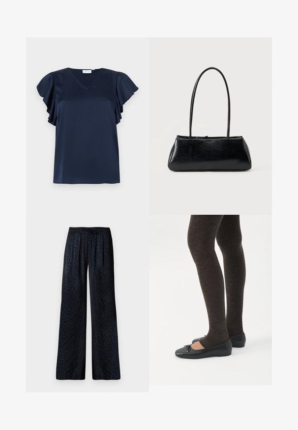 Blouse en satin bleu marine avec col en V et manches volantées, présentée sur un fond gris clair.; Pantalons larges en tissu foncé avec un motif léopard noir discret, une taille élastique et une coupe confortable.; Jambes portant des leggings côtelés foncés associés à des ballerines noires avec de petits détails en nœud sur fond blanc.; Sac à épaule rectangulaire noir avec de longues bretelles fines et une texture lisse et brillante sur un fond uni.
