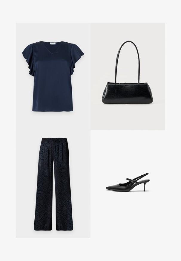 Blusa de satén azul marino con escote en V y mangas con vuelo, mostrada sobre un fondo gris claro.; Pantalones de pierna ancha en tejido oscuro con un sutil estampado de leopardo negro, cinturilla elástica y un drapeado cómodo.; Zapatos de tacón slingback de cuero negro con punta afilada, correa ajustable delgada y un tacón de aguja de aproximadamente 5 cm, textura suave.; Bolso de hombro rectangular negro con correas largas y delgadas y una textura lisa y brillante sobre un fondo liso.