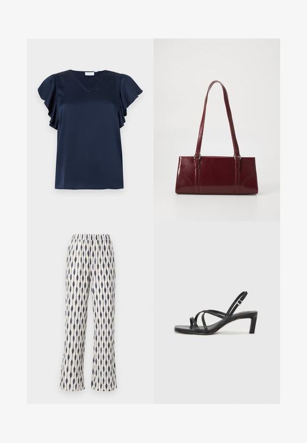 Blouse en satin bleu marine avec col en V et manches volantées, présentée sur un fond gris clair.; Un pantalon large en tissu crème, présentant un motif répétitif de gouttes d'eau bleu marine. La taille élastique et la texture douce accentuent le confort.; Sandale noire à lanières avec un bout carré et un petit talon bloc. Elle présente plusieurs fines lanières et une sangle de cheville ajustable. Fabriquée en cuir lisse.; Sac à main bordeaux en matériau brillant, de forme rectangulaire, avec deux anses et des accents légèrement courbés à l'avant.