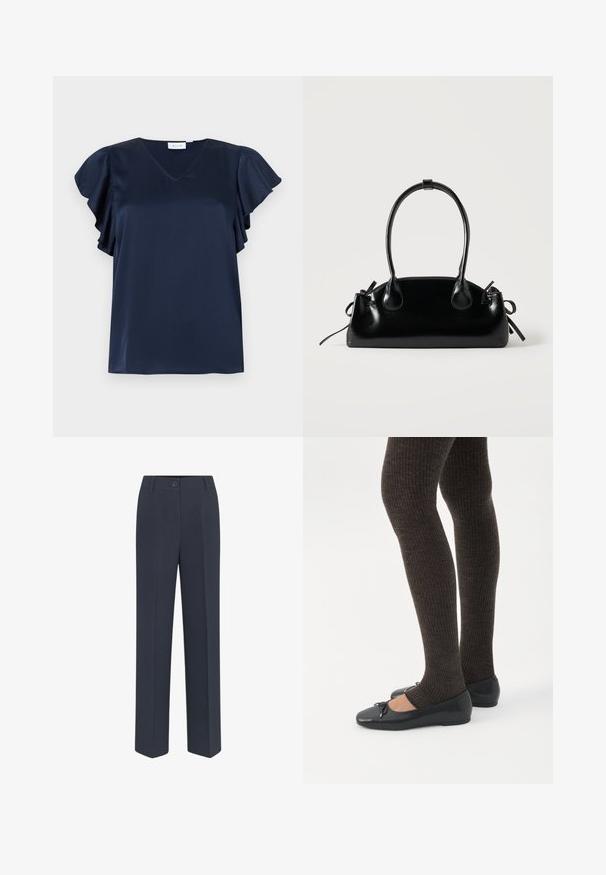 Blouse en satin bleu marine avec col en V et manches volantées, présentée sur un fond gris clair.; Pantalons ajustés bleu marine avec une coupe droite, dotés d'une fermeture à bouton sur le devant et de détails de plis discrets. Texture de tissu lisse.; Jambes portant des leggings côtelés foncés associés à des ballerines noires avec de petits détails en nœud sur fond blanc.; Petit sac à main noir brillant avec deux longues anses et des détails à cordon sur les côtés sur un fond clair uni.