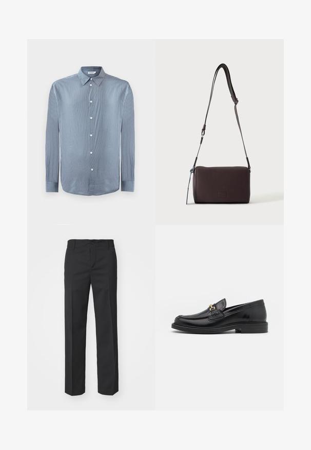 Lange mouwen blauw-wit gestreepte overhemd met kraag en witte knopen, plat weergegeven op een witte achtergrond.; Filippa K TROY TROUSERS - Broek - black; Zwarte leren instappers met een ronde neus, voorzien van een gouden hardware accent en stikdetails, geplaatst op een lage, getextureerde rubberen zool.; Donkerbruine gestructureerde leren crossbodytas met verstelbare riem en klein decoratief blauw accent aan de zijkant.