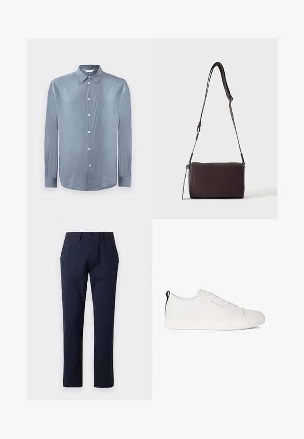 Camisa de botones de manga larga azul y blanca con rayas, con cuello y botones blancos, exhibida plana sobre un fondo blanco.; Pantalones azul marino de pierna recta con trabillas para cinturón, cierre frontal de botones y bolsillos laterales, mostrados sobre un fondo liso.; Zapatilla de cuero blanca con puntera redondeada, suela de goma plana y costuras en tono. Presenta un cierre con cordones en la parte delantera y una lengüeta en el talón de color negro.; Bolso bandolera de cuero marrón oscuro con textura, correa ajustable y pequeño adorno decorativo azul en el lateral.