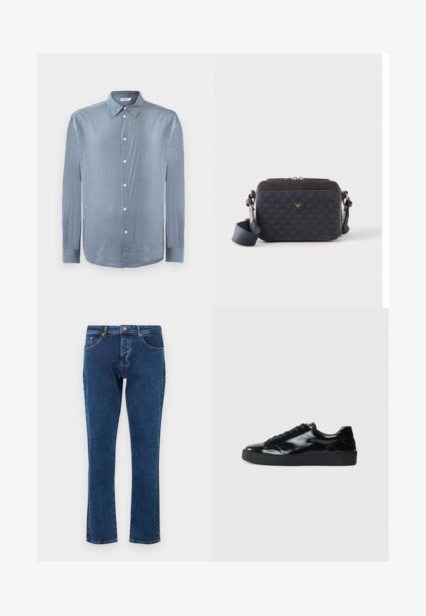 Chemise à manches longues rayée bleu et blanc, avec col et boutons blancs, présentée à plat sur un fond blanc.; Jean en denim bleu foncé avec une coupe droite, cinq poches et un bouton métallique à la taille. Texture lisse avec une décoloration minimale.; Baskets en cuir verni noir avec un bout arrondi, un laçage, une semelle en caoutchouc texturé et une finition lisse.; Sac bandoulière rectangulaire bleu foncé avec sangle réglable, fermeture éclair et motif subtil du logo sur le panneau avant.