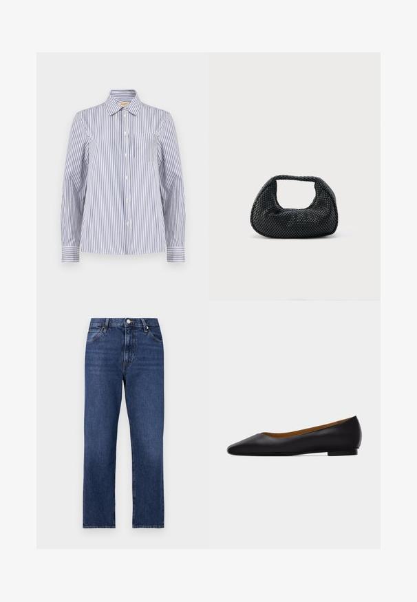Overhemd met lange mouwen en knopen, met verticale blauw-witte strepen, puntige kraag, een borstzak en mouwen met knopen.; Denim jeans in een donkerblauwe wassing. Rechte pijpen met vijf-pocket stijl, sluiting met een knoop aan de voorkant en contrasterende stiksels.; Zwarte leren puntschoen met lage hak en gladde afwerking, zijaanzicht op een lichtgrijze achtergrond.; Zwarte geweven hobo-tas met een zachte structuur en geïntegreerd handvat, weergegeven op een effen lichte achtergrond.