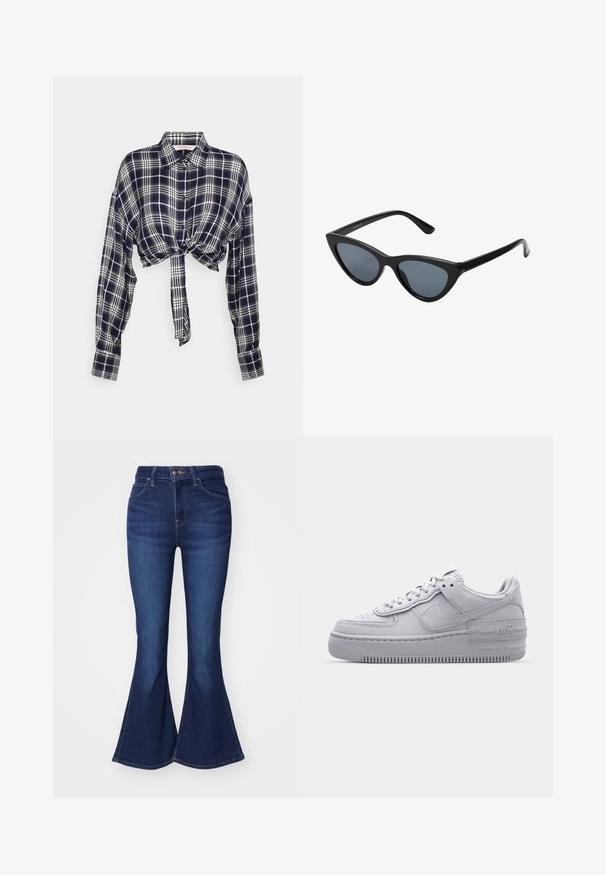 ONLY Tall ONLRILEY KNOT CHECK SHIRT - Bluse - dress blues; Dunkelblaue Schlagjeans aus Denim mit hoher Taille, fünf Taschen und Knopfverschluss, leicht ausgebleicht an den Oberschenkeln.; Graue Nike Air Force 1 Sneaker mit perforierter Zehenpartie, Obermaterial aus glattem Leder, dicker Sohle und geprägtem 'AIR'-Detail an der Ferse.; Schwarze Cat-Eye-Sonnenbrille mit dunkelgrauen Gläsern, schlankem Kunststoffrahmen, spitzen Ecken und geraden Bügeln. Keine sichtbaren Befestigungen oder Akzente.