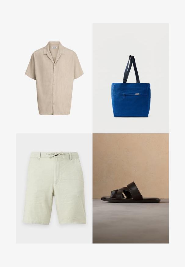 Beige kurzärmeliges Cordhemd mit Knopfleiste vorne und offenem Kragen von Jack & Jones.; Hellbeige, knielange Shorts mit Gürtelschlaufen und einem gebundenen Kordelzug an der Taille, präsentiert vor einem einfarbigen Hintergrund.; Schwarze Leder-Sandale mit flachem Absatz und drei überkreuzten Riemen, schwebend über einem gewebten Teppich aus Naturfasern.; Blaue Canvas-Einkaufstasche mit einer vorderen Reißverschlusstasche, doppelten Schulterriemen und rechteckiger Form. Verfügt über ein dezentes Markenlabel.