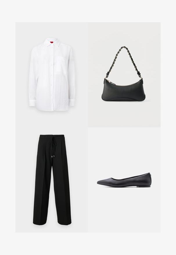 Chemise blanche à manches longues en tissu léger, avec un devant à boutons, un col et une poche poitrine sur le côté gauche. Fini texturé subtil.; Pantalon noir à jambes larges avec taille à cordon, présentant des plis et une texture douce. Le design met l'accent sur le confort et une coupe ample.; Chaussure plate en cuir noire à bout pointu avec petit talon, vue de profil sur fond blanc.; Sac à bandoulière en cuir noir de forme rectangulaire incurvée, avec une chaîne dorée tissée dans la bandoulière noire tressée et une fermeture éclair sur le dessus.