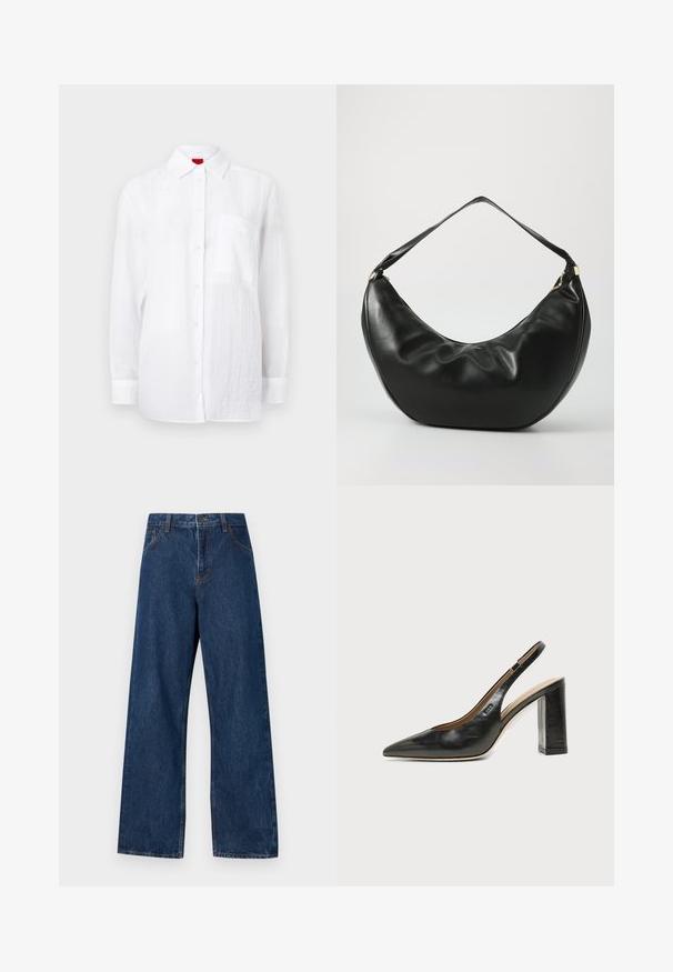 Chemise blanche à manches longues en tissu léger, avec un devant à boutons, un col et une poche poitrine sur le côté gauche. Fini texturé subtil.; Jean large en denim bleu foncé avec un design classique à cinq poches. Présente des coutures contrastées et une fermeture par bouton à l'avant.; Chaussure slingback en cuir noir à bout pointu avec un talon bloc haut et une doublure intérieure beige sur un fond clair uni.; Sac à épaule en cuir noir, de forme courbée, avec une texture douce et une seule sangle; il comporte une fermeture éclair dorée et un logo discret.