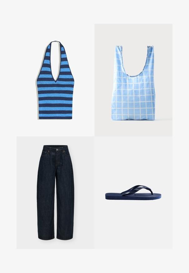 Gestreept gebreid haltertopje met afwisselend lichtblauwe en donkerblauwe horizontale strepen en een diepe V-hals.; Donkerblauwe denim jeans met wijde pijpen, een knoop- en ritssluiting aan de voorkant, voor- en achterzakken en oranje stikseldetails.; Donkerblauwe rubberen teenslipper met een gestructureerde zool en een Y-vormige band op een effen lichte achtergrond.; Blauwe herbruikbare boodschappentas met wit rasterpatroon, rechtopstaand op een effen lichte achtergrond.