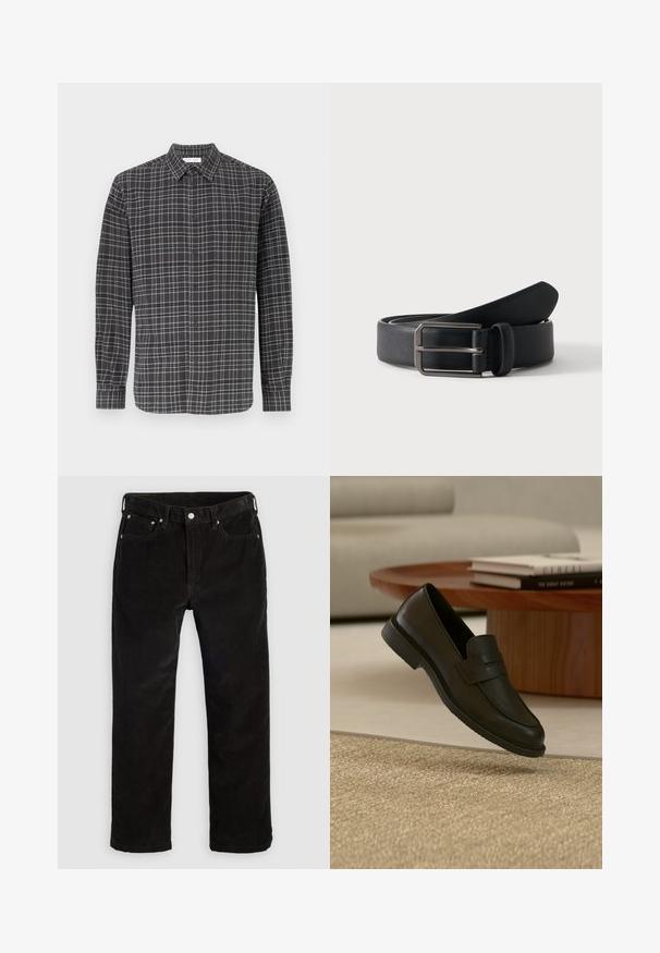 Chemise à carreaux noire et grise à boutons, à manches longues, avec une poche poitrine, un col classique et une texture de tissu léger.; Pantalons droits en velours côtelé noir avec bouton avant, fermeture éclair, passants de ceinture et design à cinq poches sur un fond clair.; Chaussure mocassin en cuir noir présentée en suspension au-dessus d'un tapis beige tissé, avec une table en bois et des livres empilés dans un salon doucement éclairé.; Ceinture en cuir noir roulée avec une boucle métallique argentée rectangulaire sur un fond clair uni.