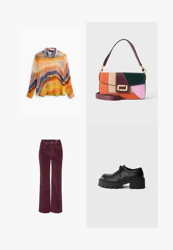 Camisa de manga larga con botones y rayas onduladas abstractas en tonos naranja, amarillo, azul, morado y beige, con cuello puntiagudo.; Pantalones de pana con diseño de pierna ancha, en un color burdeos intenso. Presentan bolsillos delanteros y trabillas para cinturón, con un acabado de tela texturizada.; Zapato negro de cuero con cordones, con una suela de goma negra gruesa y texturizada y punta redondeada. Presenta detalles de costura sutiles.; Bolso de mano de cuero con bloques de color en naranja, beige, burdeos, verde y rosa con cierre dorado y dos correas burdeos, una corta y una larga.