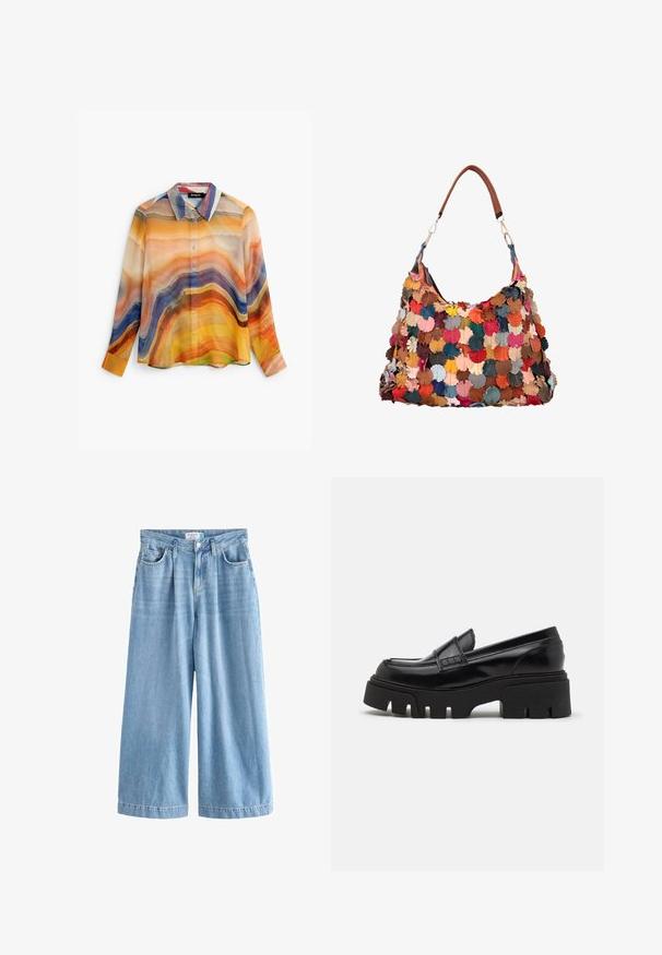 Langærmet skjorte med knapper og abstrakte bølgede striber i orange, gul, blå, lilla og beige toner, med en spids krave.; Lyseblå denim palazzo jeans med brede ben, der har høj talje, frontlommer og knaplukning. Diskret falmet tekstur.; Sorte læder loafers med en chunky, tekstureret platformssål og en dekorativ rem over toppen. Glat, blank finish.; Håndtaske med brun læderrem og flerfarvede læderblomst patches, der dækker hoveddelen i forskellige efterårsnuancer.