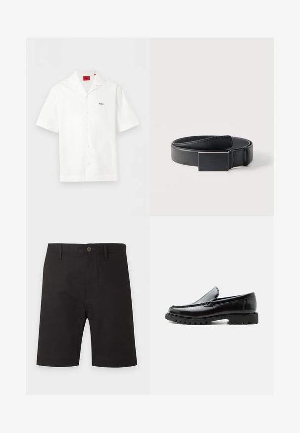 Chemise blanche à manches courtes avec col ouvert, petit logo "HUGO" sur la poitrine et étiquette de marque rouge à l'intérieur du col.; Shorts noirs longueur genou avec bouton et fermeture éclair à l'avant, passants pour ceinture et poches latérales, présentés sur un fond clair uni.; Mocassin en cuir noir avec semelle en caoutchouc épaisse, dessus cousu et nom de marque embossé sur le talon, présenté de profil sur fond blanc.; Ceinture en cuir noir enroulée avec une boucle noire mate rectangulaire et un logo embossé discret sur fond blanc.