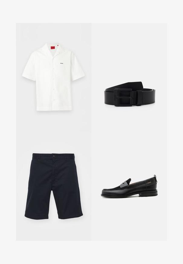 Weißes kurzärmeliges Hemd mit Knopfleiste und offenem Kragen, kleinem "HUGO"-Logo auf der Brust und rotem Markenetikett im Nackenbereich.; Navyblaue Baumwollshorts mit Knopfverschluss, geradem Schnitt und Seitentaschen. Sie verfügen über eine glatte Textur und ein schlichtes Design.; Schwarzer Lederloafer mit grauem Riemendetail, niedrigem Absatz und strukturierter Sohle, seitlich mit „HUGO“ in Gold gebrandmarkt.; Schwarzer Leder Gürtel mit matter Oberfläche, ausgestattet mit einer rechteckigen Metallschnalle und glatter Textur. Einfaches Design ohne Muster oder Akzente.