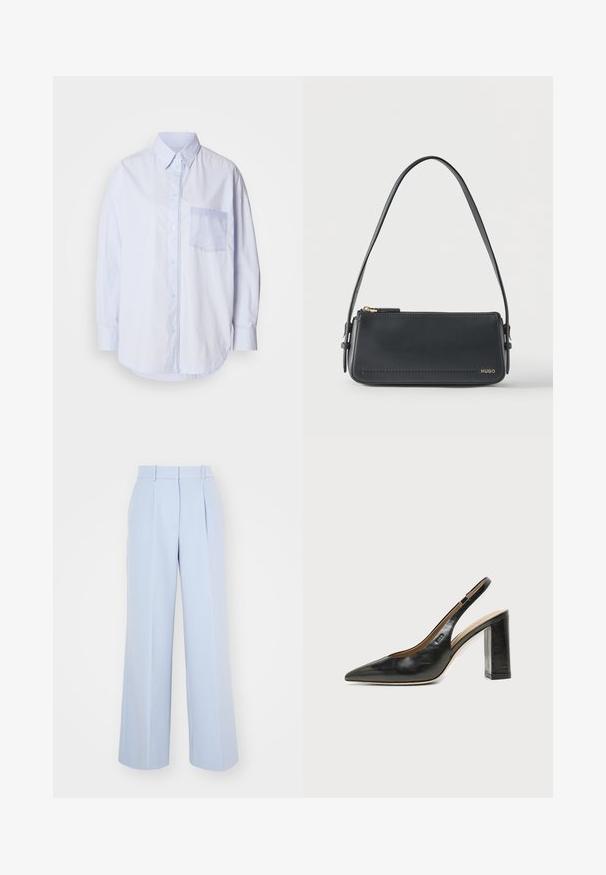 Hellblaues Hemd mit Knöpfen, langen Ärmeln, einem Standardkragen und einer linken Brusttasche mit einem hellblau abgesetzten Stoff.; Helle blaueweite Hose mit hohem Bund, vorn mit Falten, aus einem glatten, gewebten Stoff gefertigt. Keine sichtbaren Hardwareteile.; Schwarzer Leder-Slingback-Schuh mit spitzer Kappe, hohem Blockabsatz und beigegefüttertem Innenraum vor hellem, einfarbigem Hintergrund.; Schwarze rechteckige Lederschultertasche mit goldenem Reißverschluss und kleinem goldenem "HUGO"-Logo auf der Vorderseite, mit verstellbarem Riemen und Schnalle.