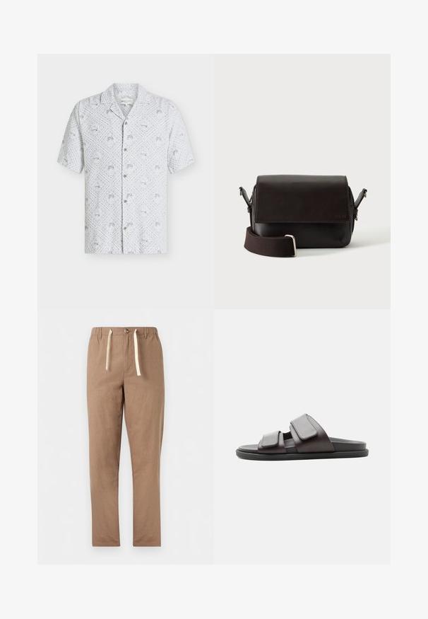 Chemise blanche à manches courtes avec boutons, imprimé tropical gris clair présentant des palmiers et des huttes en formes de losanges.; Pantalon marron clair à coupe droite avec taille élastique, fermeture par bouton et cordons blancs.; Sandale slide marron foncé avec deux larges sangles velcro réglables et une semelle noire, vue de côté sur fond blanc.; Sac bandoulière en cuir marron foncé avec fermeture à rabat et sangle en tissu réglable sur fond blanc.