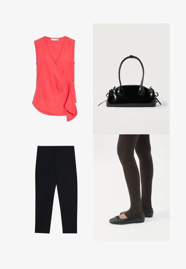 Ærmeløs koralviklet top med V-udskæring og sidetie-detalje, fremstillet af letvægtsstof, let udvidet kant.; Sorte leggings lavet af strækbart stof, med en elastisk talje og en glat tekstur. Ingen synlige mønstre eller hardware-detaljer.; Ben iført mørke ribbede leggings kombineret med sorte balletsko med små sløjfedetaljer på hvid baggrund.; Lille sort blank håndtaske med to lange håndtag og snøre-detaljer i siden på en ensfarvet lys baggrund.