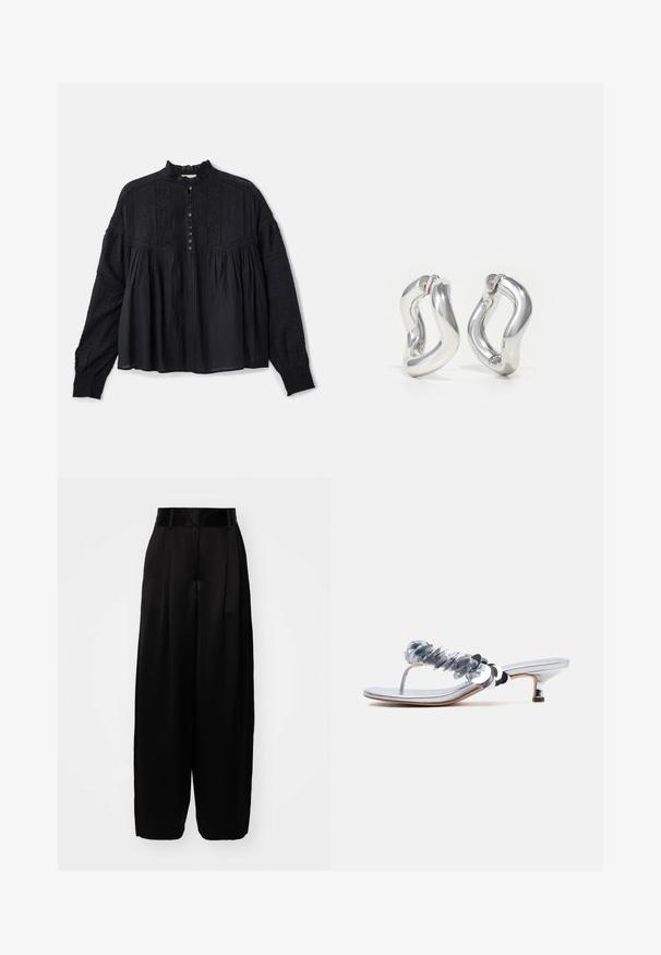 Vanessa Bruno DAHLIA - Pusero - noir; By Malene Birger PISCALI - Housut - black; Hopeinen varvassandaali, jossa pieni paksu korko ja kiiltävät pyöreät paljettikoristeet hihnassa yksinkertaisen taustan edessä.; Hopeakorvakorut, joissa on kiemurteleva muotoilu. Pyöreät reunat ja kiiltävä pinta. Avoimet sulkimet helppoa käyttöä varten. Tasainen tekstuuri koko pinnalla.