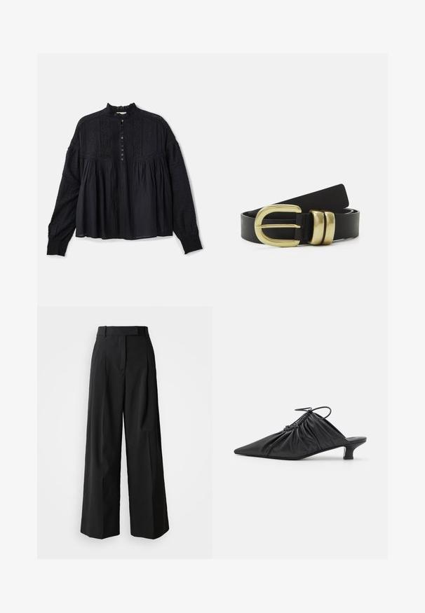 Vanessa Bruno DAHLIA - Bluse - noir; Schwarze weit geschnittene Hose aus glattem Stoff mit hohem Bund, ausgestattet mit zwei vorderen Falten und einem taillierten Design.; Schwarze Leder-Mules zum Hineinschlüpfen mit spitzer Zehe, geraffter Textur und kleinem Kitten-Heel. Verfügt über ein Zugbanddetail am Öffnung.; Schwarzer Leder-Gürtel mit großer goldener Schnalle und zwei abgerundeten Akzenten, glatte Textur und elegantes Design.