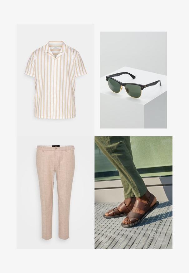 Kortærmet skjorte i let stof med lodrette striber i beige og hvid. Knaplukning foran og design med camp-krave.; Lys beige bukser lavet af en blanding af linned, med flad front, bæltestropper og en enkelt knaplukning. Skræddersyet lige ben-design.; Brune lædersandaler med et stroppedesign, der har en spænde detalje, båret med grønne bukser på en tekstureret overflade.; Ray-Ban solbriller med grønne linser, sorte plastikstel og gyldne detaljer ved kanterne. Firkantet form med mat finish.