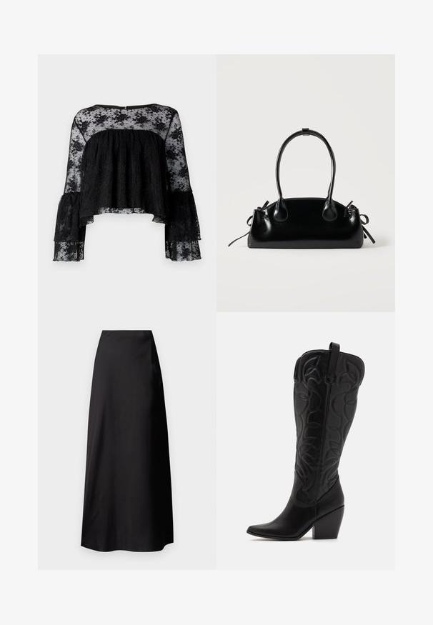 Blouse noire à manches longues en forme de cloche, présentant un corsage texturé à rayures et une superposition en dentelle florale transparente. Encolure arrondie et fermeture à boutons dans le dos.; Jupe maxi en satin noir avec une texture lisse, taille haute, silhouette fluide et sans motifs ni détails en métal visibles.; Bottes hautes en cuir noir jusqu'aux genoux avec bout pointu et talon empilé. Caractéristiques de coutures décoratives et éléments de design courbés.; Petit sac à main noir brillant avec deux longues anses et des détails à cordon sur les côtés sur un fond clair uni.