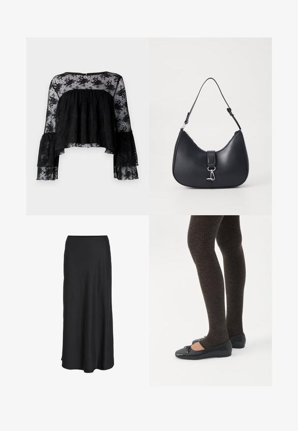 Blusa negra con mangas largas acampanadas, que presenta un cuerpo texturizado con relieve y un delicado encaje floral transparente. Escote redondeado y cierre con botones en la parte posterior.; Falda larga negra confeccionada en una tela suave y ligera. Presenta una silueta sencilla en línea A con un dobladillo ligeramente acampanado y sin cierres visibles.; Piernas con leggings oscuros acanalados combinados con bailarinas negras que presentan pequeños detalles de lazo sobre un fondo blanco.; Pieces PCLIKA SHOULDER BAG - Bolso de mano - black