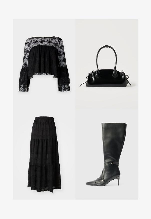 Blouse noire à manches longues en forme de cloche, présentant un corsage texturé à rayures et une superposition en dentelle florale transparente. Encolure arrondie et fermeture à boutons dans le dos.; Jupe maxi noire en tissu texturé, avec un design à volants, une taille froncée et de subtils motifs ondulés sur l'ensemble.; Bottes noires en cuir montant jusqu'au genou, avec un talon fin, un bout pointu et des détails de lanière à la cheville. Texture lisse et design ajusté.; Petit sac à main noir brillant avec deux longues anses et des détails à cordon sur les côtés sur un fond clair uni.