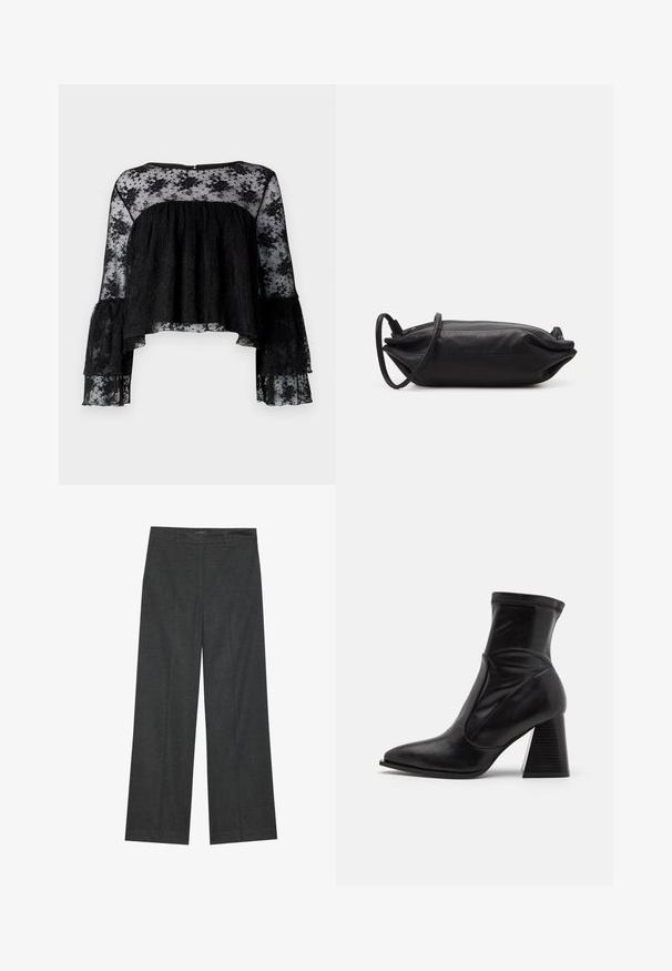 Blouse noire à manches longues en forme de cloche, présentant un corsage texturé à rayures et une superposition en dentelle florale transparente. Encolure arrondie et fermeture à boutons dans le dos.; Pantalons larges gris foncé en tissu texturé, avec une taille plate, des passants de ceinture et une finition soignée à l'ourlet.; Bottines noires en cuir lisse, avec un bout pointu, un contrefort de cheville élastique et un talon empilé texturé.; Pochette en cuir noir de forme rectangulaire, texture lisse, fine bandoulière et design minimaliste.