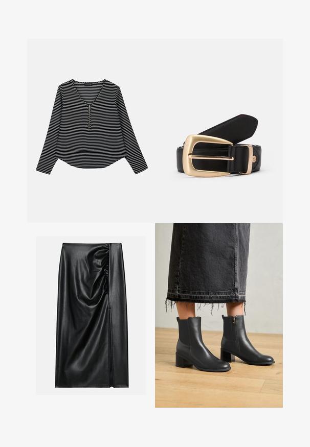 Sort-hvide stribede langærmede trøje med v-hals og en midterskide. Stoffet ser glat ud, med en afslappet, let cropped pasform.; Sort læderskirt med en glat overflade, der har en indsamlet sektion på den ene side og en skråning på siden for ekstra detaljer.; Sorte læder ankelsko med rund tå og blokhæel. Har en lynlås i siden og en glat tekstur. Båret med en flosset denimnederdel.; Sort læderbælte med en gylden rektangulær spænde. Bæltet har en glat overflade og en subtil syning langs kanterne.