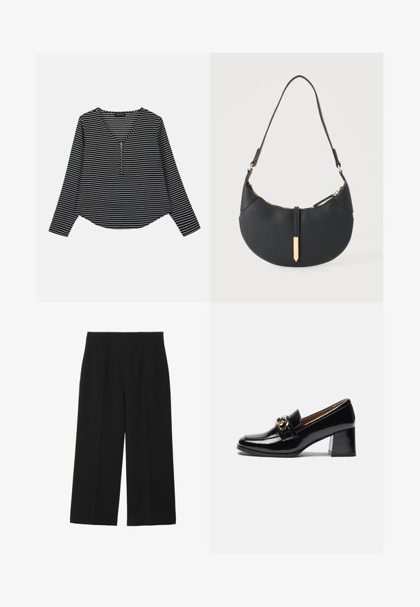 Sort-hvide stribede langærmede trøje med v-hals og en midterskide. Stoffet ser glat ud, med en afslappet, let cropped pasform.; Sorte breddebenede bukser lavet af glat stof, med to forlommer, flad front og lynlås lukning på siden.; Sorte patentlæder hæl loafers med rund tå, kraftigere hæl og en guldfarvet hardwaredetalje på den forreste rem.; Sort håndtaske formet som en halvmåne med en enkelt rem, guld lynlås og en guldfarvet rektangulær dekorativ fane foran.