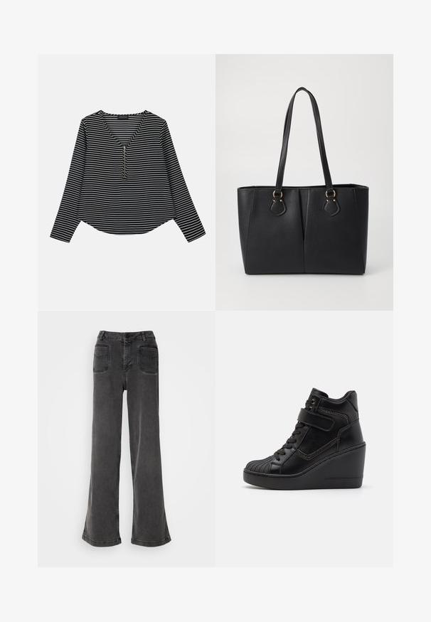 Sort-hvide stribede langærmede trøje med v-hals og en midterskide. Stoffet ser glat ud, med en afslappet, let cropped pasform.; Høj talje, brede ben sorte jeans lavet af denim, med knaplukning, bæltestropper og to baglommer med syninger.; Sorte høje wedge sneakers lavet af glat læder, med snørebånd foran, justerbar rem og dekorative lynlåse.; Sort faux læder tote taske med en tekstureret finish, to lange håndtag og hardware i guld tone-accenter på siden. Rektangulær form.