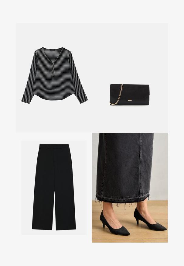 Sort-hvide stribede langærmede trøje med v-hals og en midterskide. Stoffet ser glat ud, med en afslappet, let cropped pasform.; Breddebenede sorte bukser lavet af et glat stof. Har en flad talje med bæltestropper og ingen synlige lommer. Simpelt design.; Sorte ruskindpumps med spids tå og en 3 tommer hæl, parret med en lang, mørk denimskørt med frynset kant.; Sort clutch taske lavet af ruskind med en struktureret overflade, udstyret med en guld kædestrop og et elegant, kantet design.