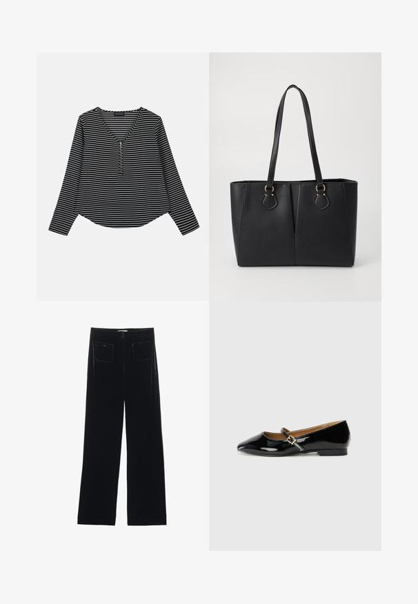 Top de manga larga a rayas blanco y negro con escote en V y cremallera en el centro. La tela parece suave, con un ajuste relajado y ligeramente corto.; Pantalones de terciopelo negro de pierna ancha con dos bolsillos traseros y una textura suave, con un corte recto y un acabado dobladillo en los tobillos.; Zapato plano de charol negro con punta afilada, tira en el tobillo con hebilla de tono dorado y tacón bajo tipo bloque. Acabado suave y brillante.; Bolso tote de cuero sintético negro con un acabado texturizado, dos asas largas y detalles en tono dorado en el lateral. Forma rectangular.